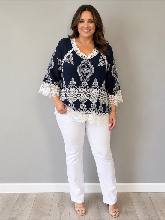 Leo & Nicole Tops - Lace Trim V-Neck Navy Top with White Embroidery Size
